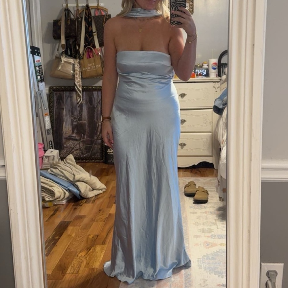 Strapless Light Blue Satin Evening Gown with scarf